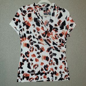 DKNY Size Large Women's Black Red White V Neck Wrap Shortsleeve Blouse
